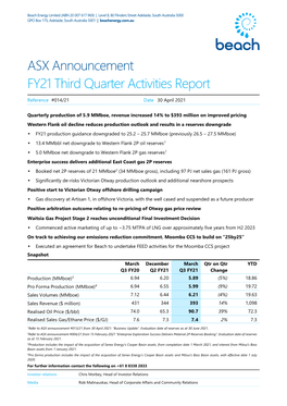 ASX Announcement FY21 Third Quarter Activities Report