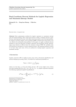 Dual Coordinate Descent Methods for Logistic Regression and Maximum Entropy Models