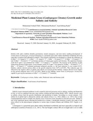 Medicinal Plant Lemon Grass (Cymbopogon Citratus) Growth Under Salinity and Sodicity