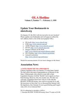 OLA Hotline, Volume 5, Number 7, February 1, 1999