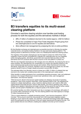 B3 Transfers Equities to Its Multi-Asset Clearing Platform