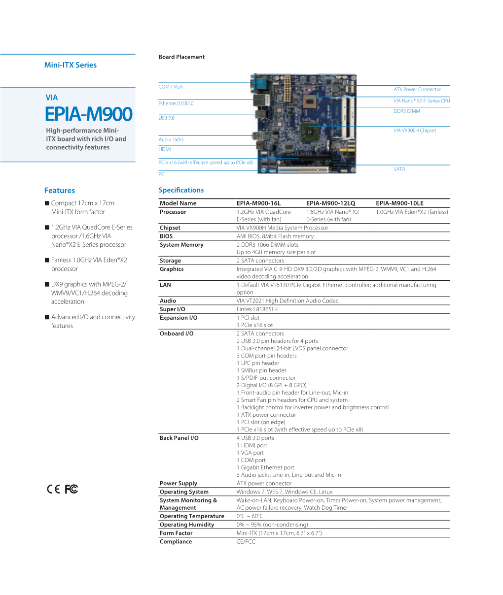 EPIA-M900 USB 2.0 High-Performance Mini- VIA VX900H Chipset ITX Board with Rich I/O and Audio Jacks Connectivity Features HDMI