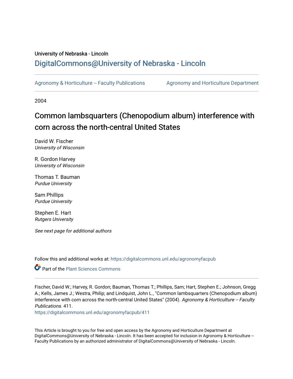 Common Lambsquarters (Chenopodium Album) Interference with Corn Across the North-Central United States