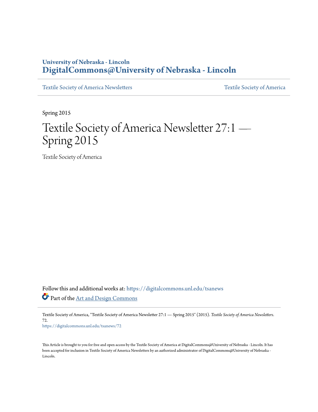 Textile Society of America Newsletter 27:1 — Spring 2015 Textile Society of America