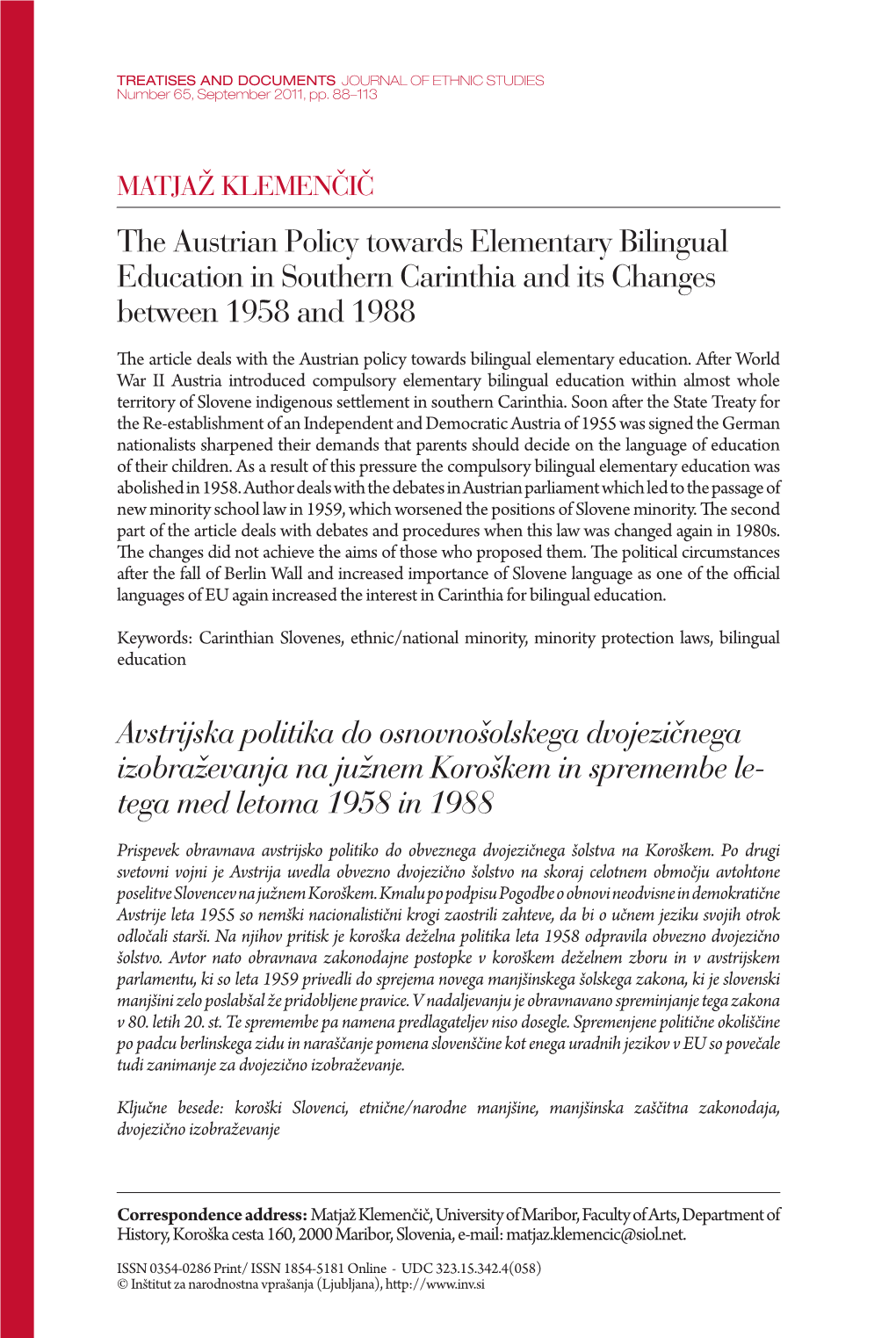 The Austrian Policy Towards Elementary Bilingual Education in Southern Carinthia and Its Changes Between 1958 and 1988