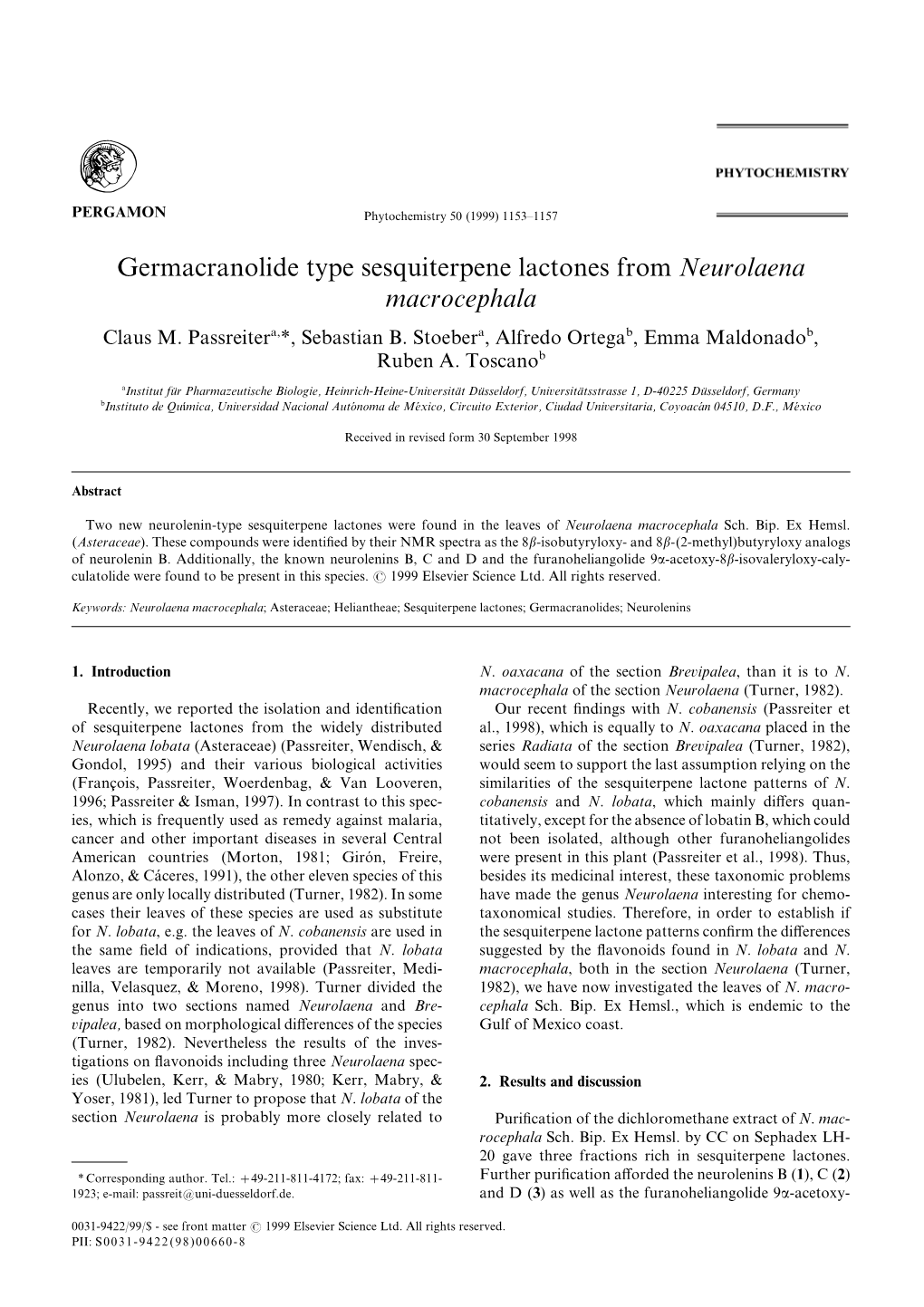 Germacranolide Type Sesquiterpene Lactones from Neurolaena Macrocephala