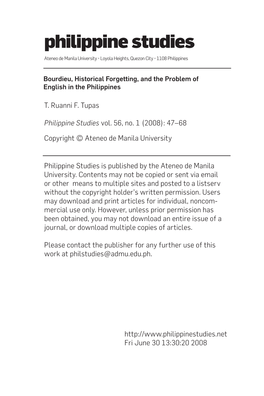 Philippine Studies Ateneo De Manila University • Loyola Heights, Quezon City • 1108 Philippines