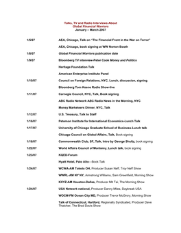 Talks, TV and Radio Interviews About Global Financial Warriors January – March 2007