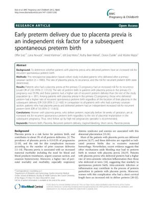 Early Preterm Delivery Due to Placenta Previa Is an Independent Risk Factor