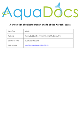A Check List of Opisthobranch Snails of the Karachi Coast