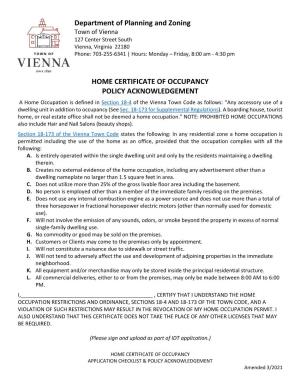 Home Certificate of Occupancy Restrictions Acknowledgement Form