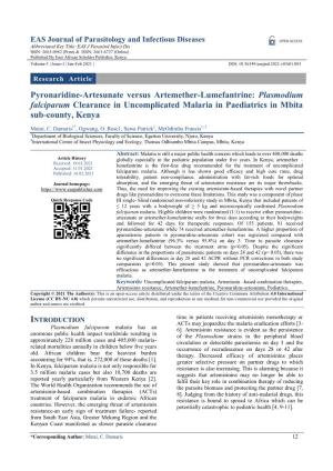 Pyronaridine-Artesunate Versus Artemether-Lumefantrine: Plasmodium Falciparum Clearance in Uncomplicated Malaria in Paediatrics in Mbita Sub-County, Kenya