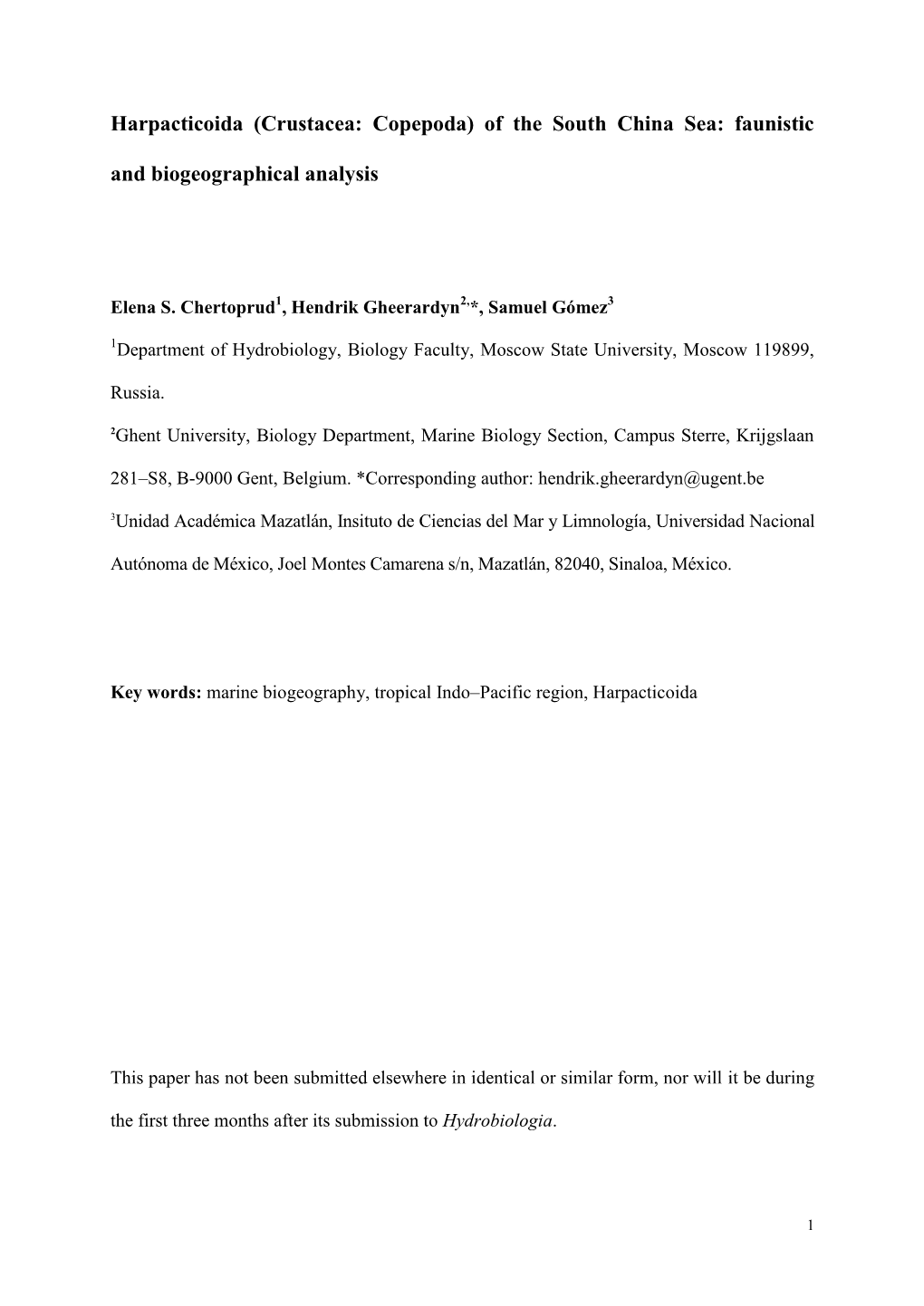 Harpacticoida (Crustacea: Copepoda) of the South China Sea: Faunistic and Biogeographical Analysis