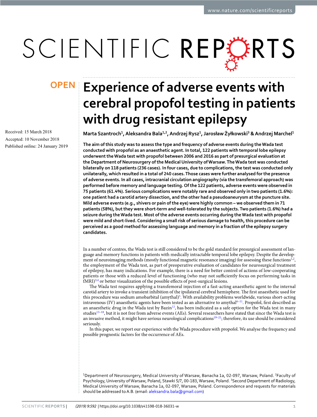 Experience of Adverse Events with Cerebral Propofol Testing in Patients