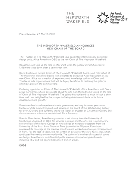 Press Release: 27 March 2018 the HEPWORTH WAKEFIELD ANNOUNCES NEW CHAIR of the BOARD
