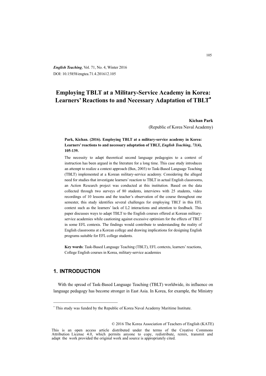 Employing TBLT at a Military-Service Academy in Korea: Learners' Reactions to and Necessary Adaptation of TBLT