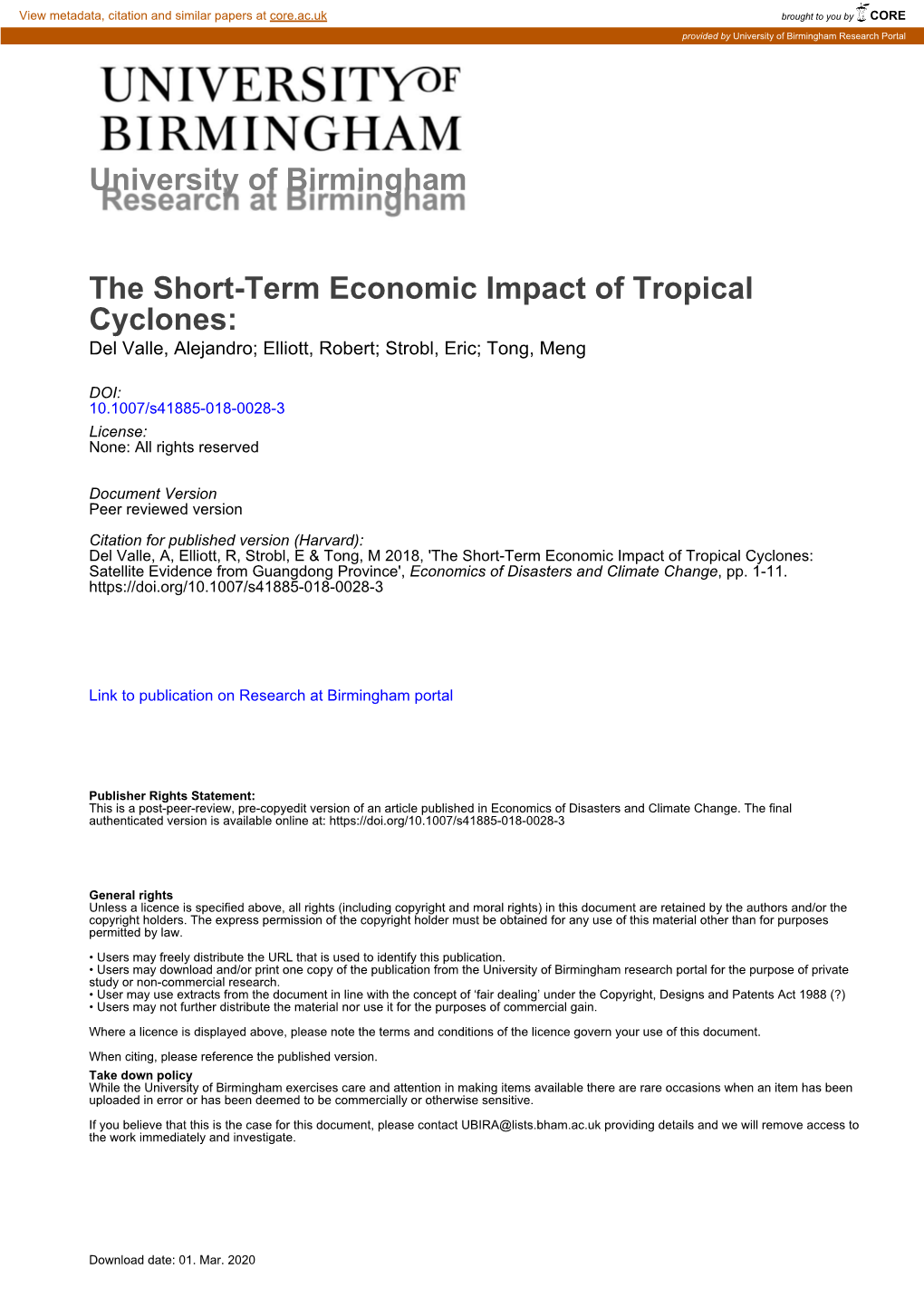 University of Birmingham the Short-Term Economic