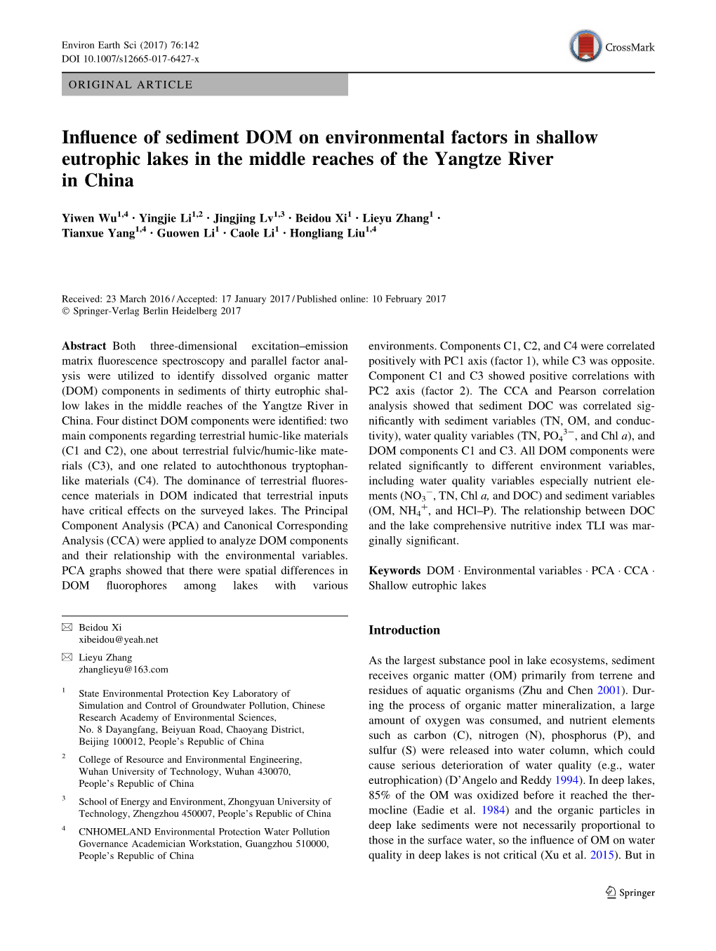 Influence of Sediment DOM on Environmental Factors in Shallow