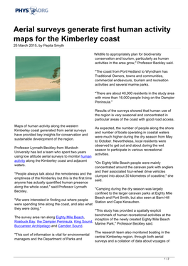 Aerial Surveys Generate First Human Activity Maps for the Kimberley Coast 25 March 2015, by Pepita Smyth