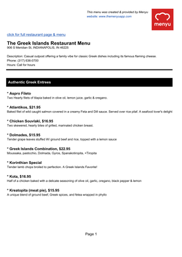 The Greek Islands Restaurant Menu 906 S Meridian St, INDIANAPOLIS, in 46225