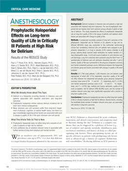 Prophylactic Haloperidol Effects on Long-Term Quality of Life In