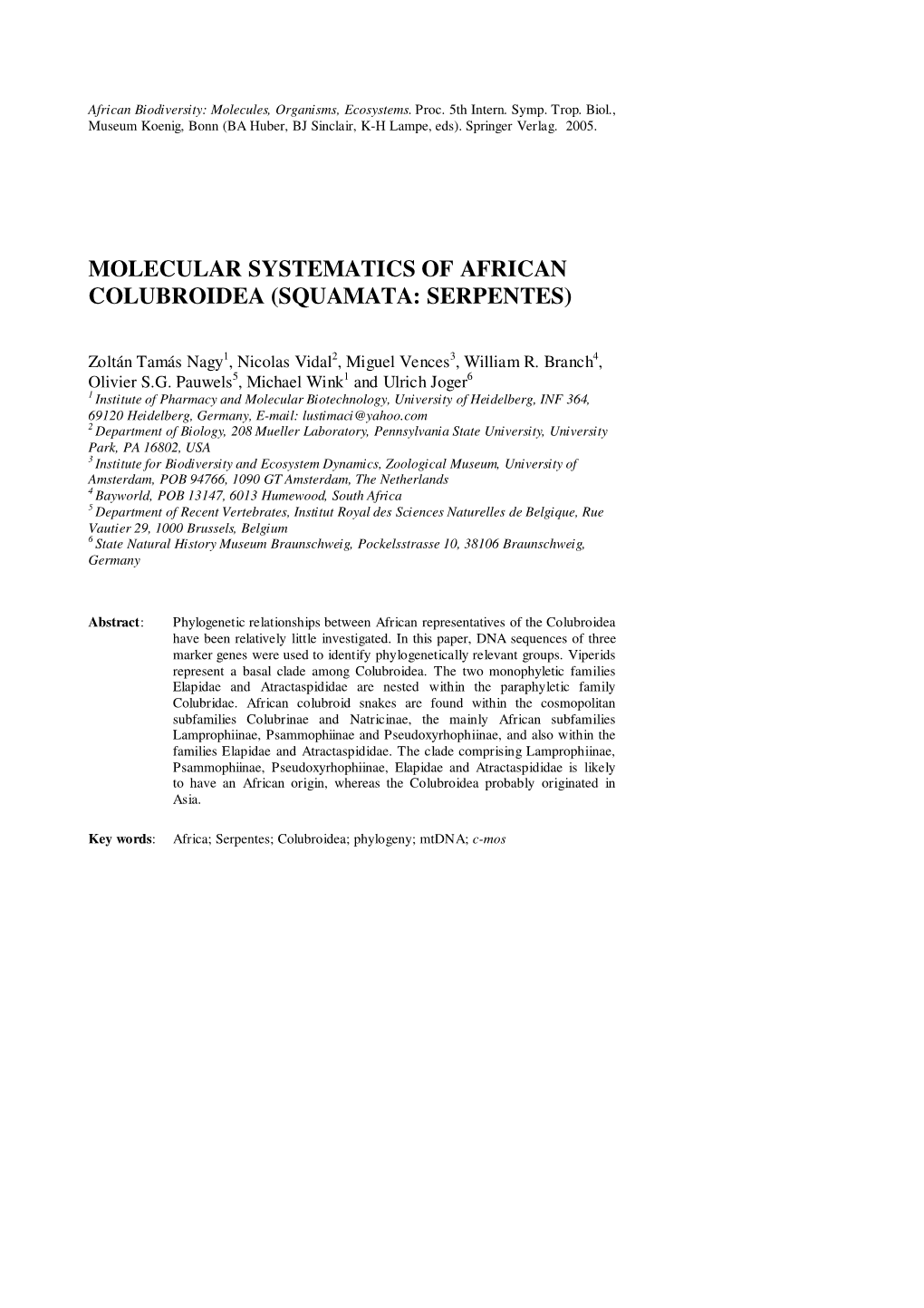 Molecular Systematics of African Colubroidea (Squamata: Serpentes)