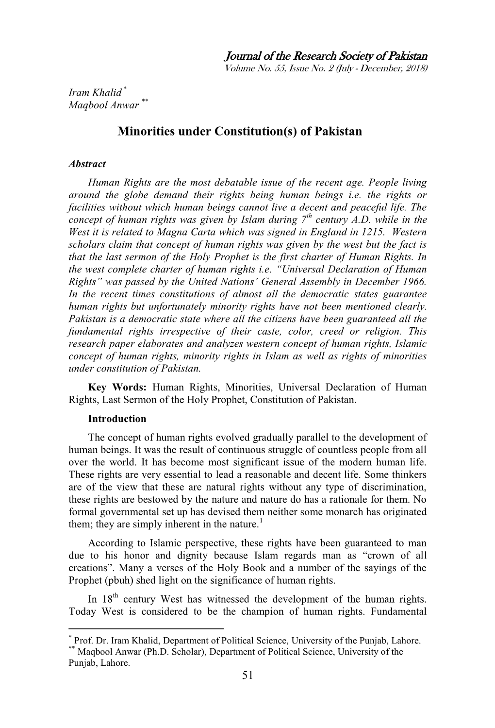 Minorities Under Constitution(S) of Pakistan