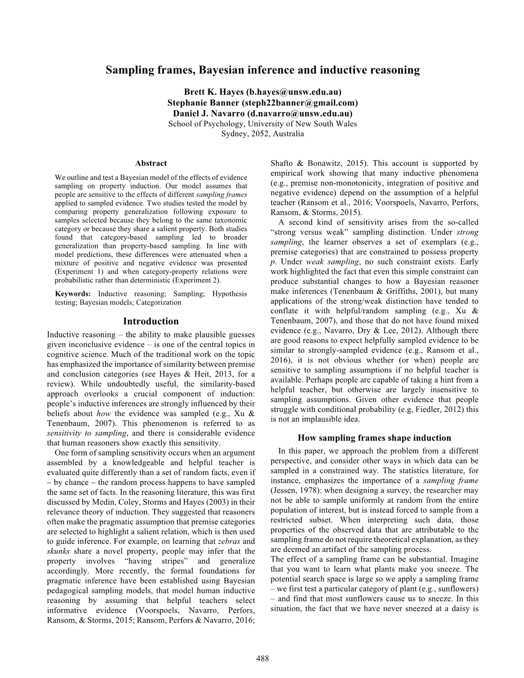 Sampling Frames, Bayesian Inference and Inductive Reasoning