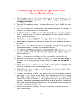 General Safety Guidelines and Operations in the General Chemistry Labs