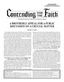 A BROTHERLY APPEAL for a PUBLIC DISCUSSION on a CRUCIAL MATTER Curtis A