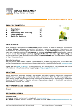 ALGAL RESEARCH Biology, Biomass and Biofuels