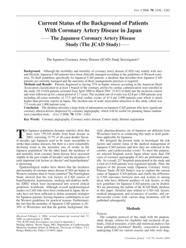 Current Status of the Background of Patients with Coronary Artery Disease in Japan the Japanese Coronary Artery Disease Study (The JCAD Study)
