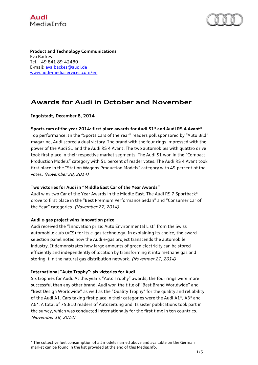 Awards for Audi in October and November