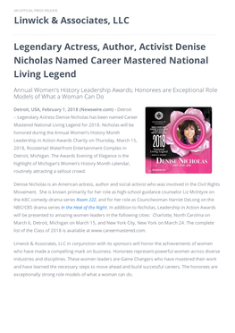 Legendary Actress, Author, Activist Denise Nicholas Named Career Mastered National Living Legend