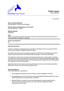 Report in Response to a Petition Asking the Council to Improve the Environment and Security of the Hearsall Area of Earlsdon in Coventry