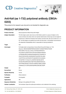 Anti-Kell (Aa 1-732) Polyclonal Antibody (DBGA- 0203) This Product Is for Research Use Only and Is Not Intended for Diagnostic Use