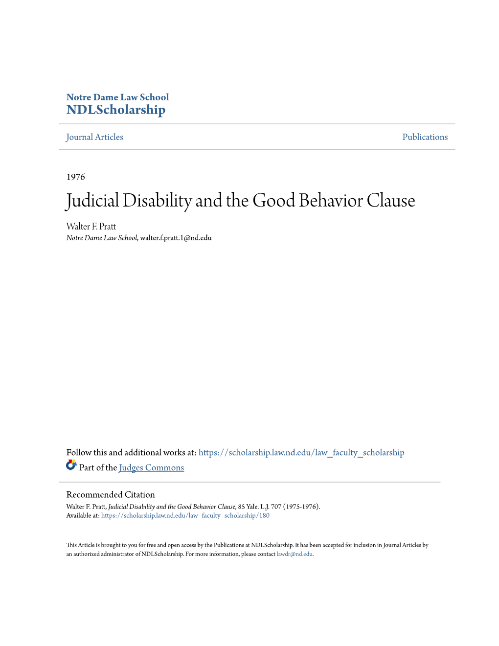 Judicial Disability and the Good Behavior Clause Walter F