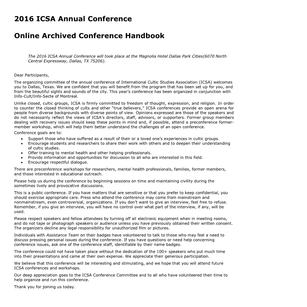 2016 ICSA Annual Conference Online Archived Conference Handbook