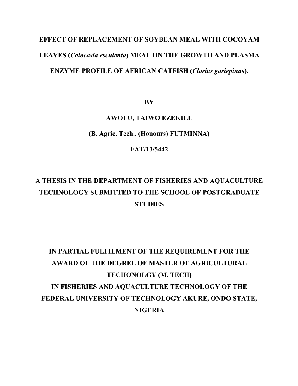 Effect of Replacement of Soybean Meal with Cocoyam