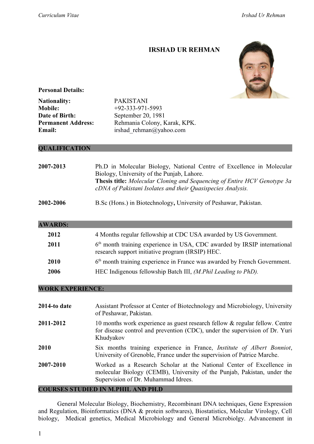 Curriculum Vitae Irshad Ur Rehman