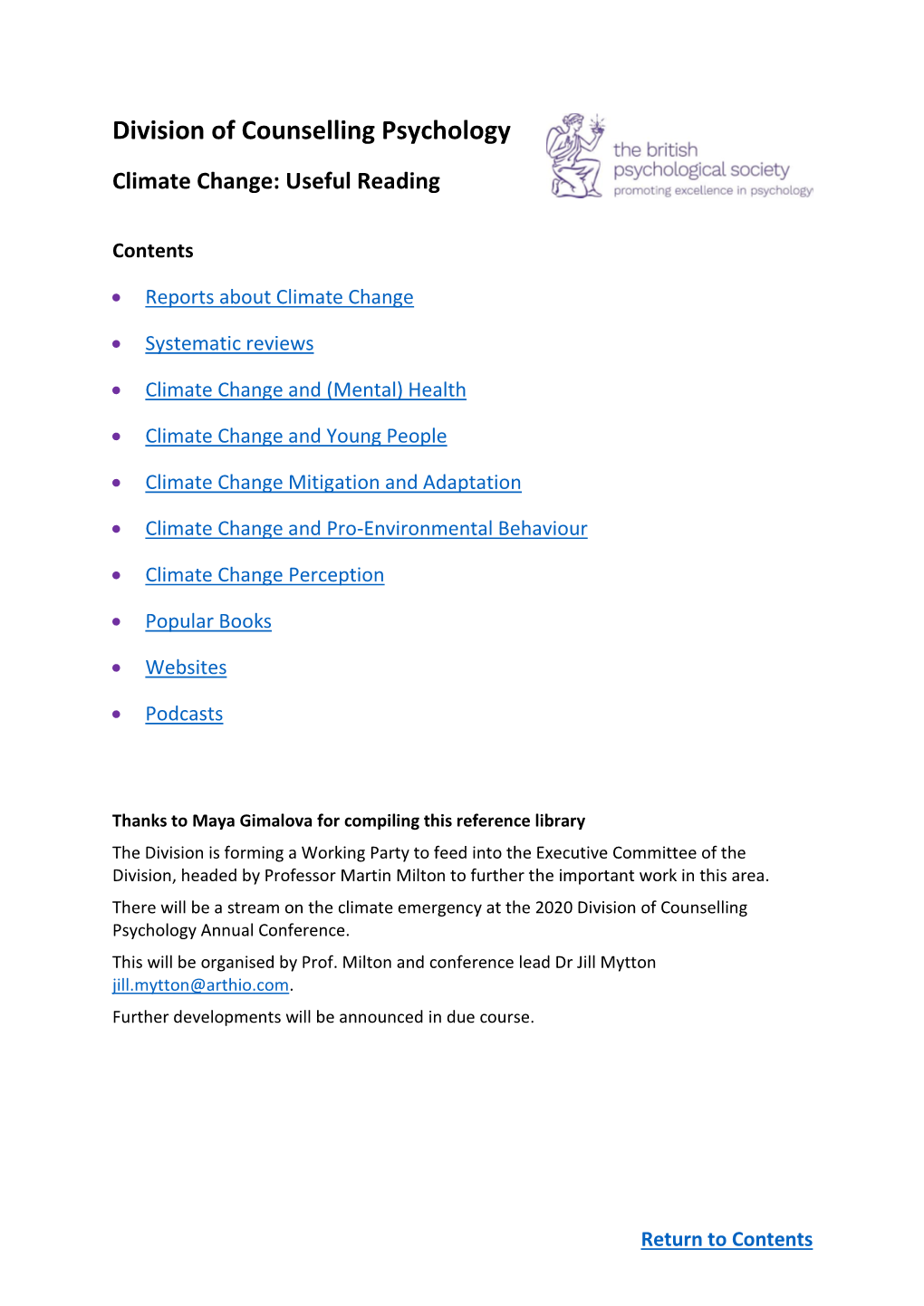 Division of Counselling Psychology Climate Change: Useful Reading