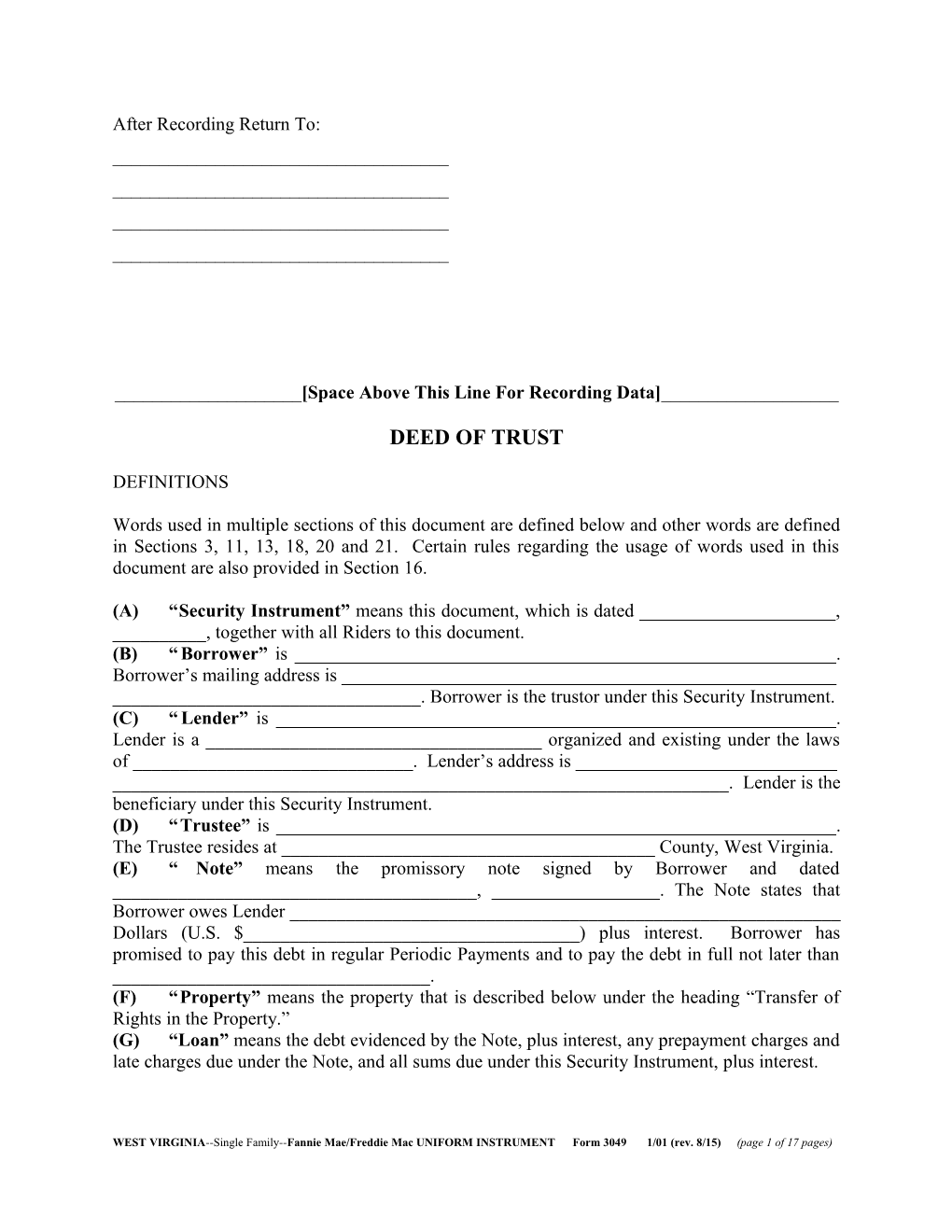 West Virginia Deed of Trust