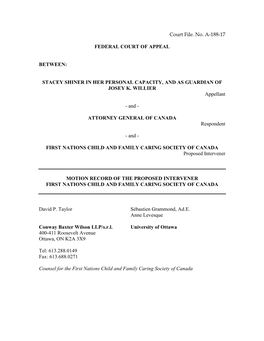Court File. No. A-188-17 FEDERAL COURT of APPEAL BETWEEN