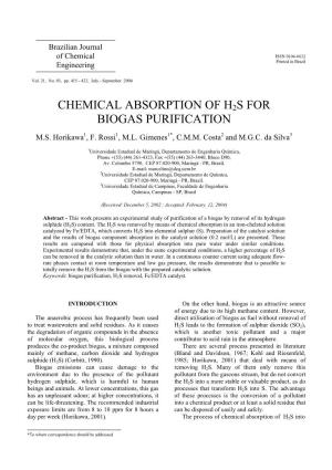 Chemical Absorption of H2s for Biogas Purification