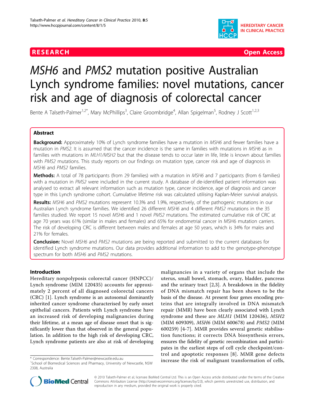 MSH6 and PMS2 Mutation Positive Australian Lynch Syndrome Families