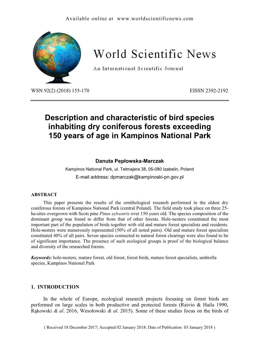 Description and Characteristic of Bird Species Inhabiting Dry Coniferous Forests Exceeding 150 Years of Age in Kampinos National Park