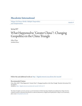 "Greater China"?: Changing Geopolitics in the China Triangle Allen Chun Academia Sinica