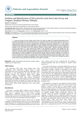 Isolation and Identification of Edwardsiella Tarda from Lake Zeway and Langano, Southern Oromia, Ethiopia