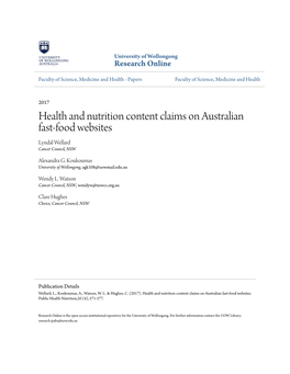 Health and Nutrition Content Claims on Australian Fast-Food Websites Lyndal Wellard Cancer Council, NSW