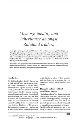 Memory, Identity and Inheritance Amongst Zululand Traders